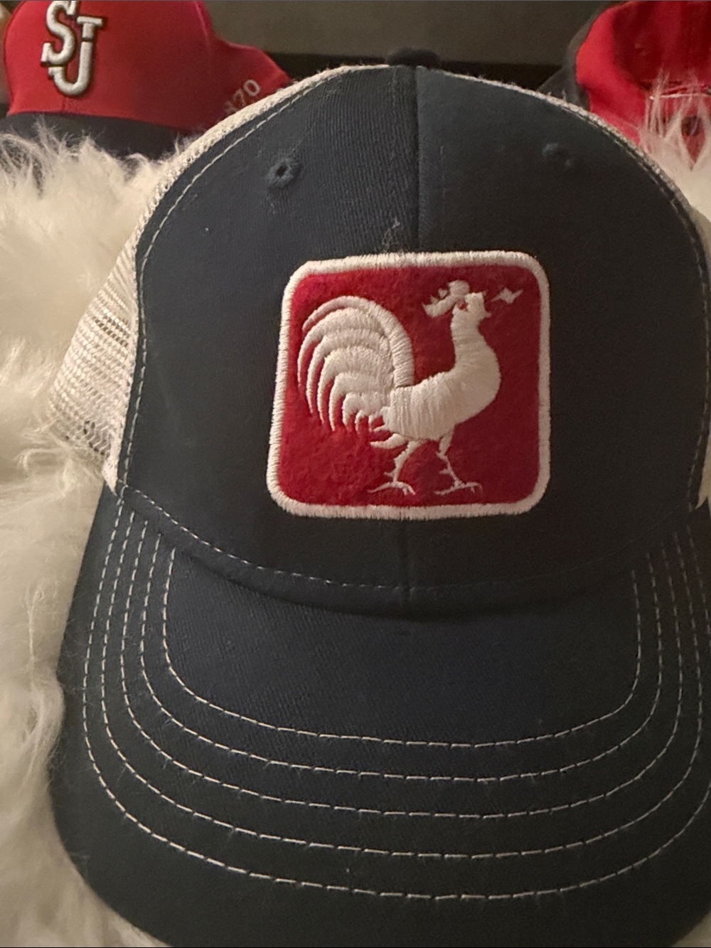Blue and White Rooster Patch Trucker Cap